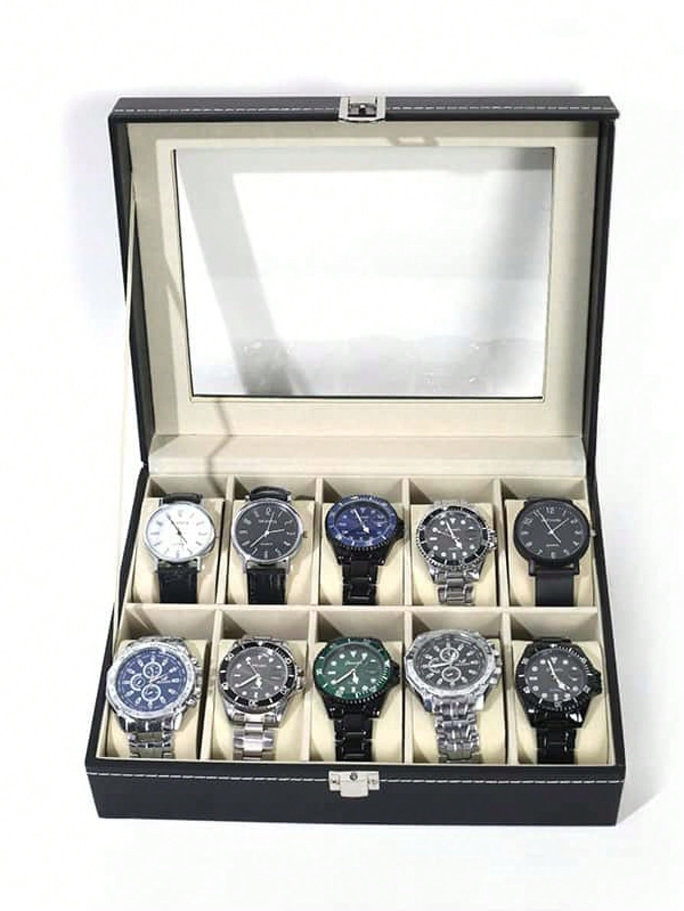 Jewelry Watches Box - Leder-Uhrenbox mit Schloss, Große Uhren-Vitrine, Hochwertiger