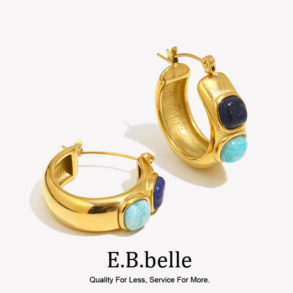 Turquoise Stone Ring - E.B.belle Creolen aus rundem Lazurite-Türkis-Naturstein, Edelstahl,