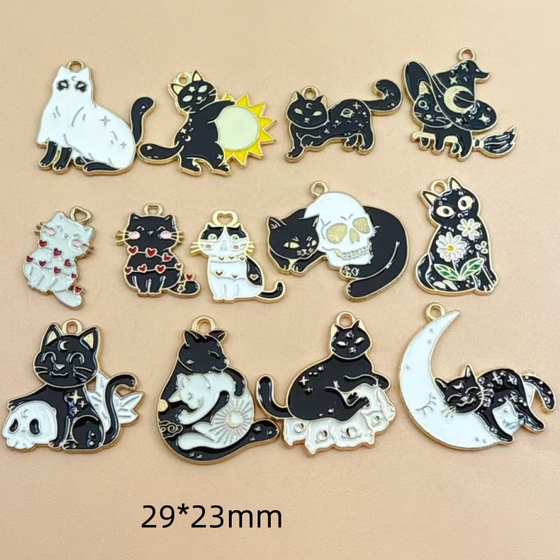 Drop Earrings - 10 Stück Original-Legierungs-Emaille-Anhänger mit schwarzer Katze,